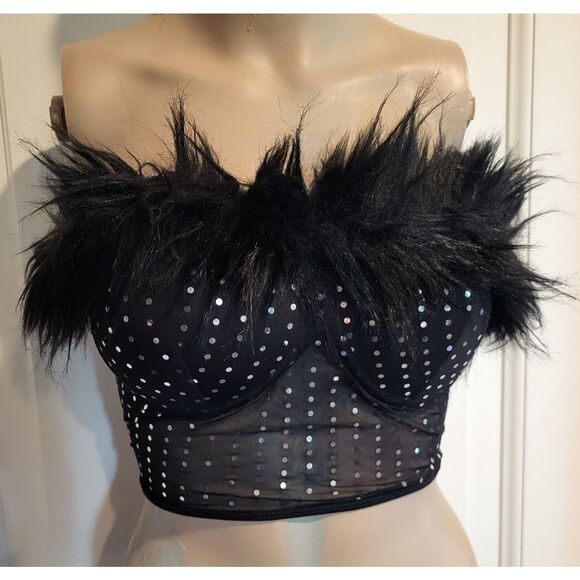 Other - Strapless Faux Fur Sequin Mesh Bustier Crop Top Push Up Tube Top Sz s